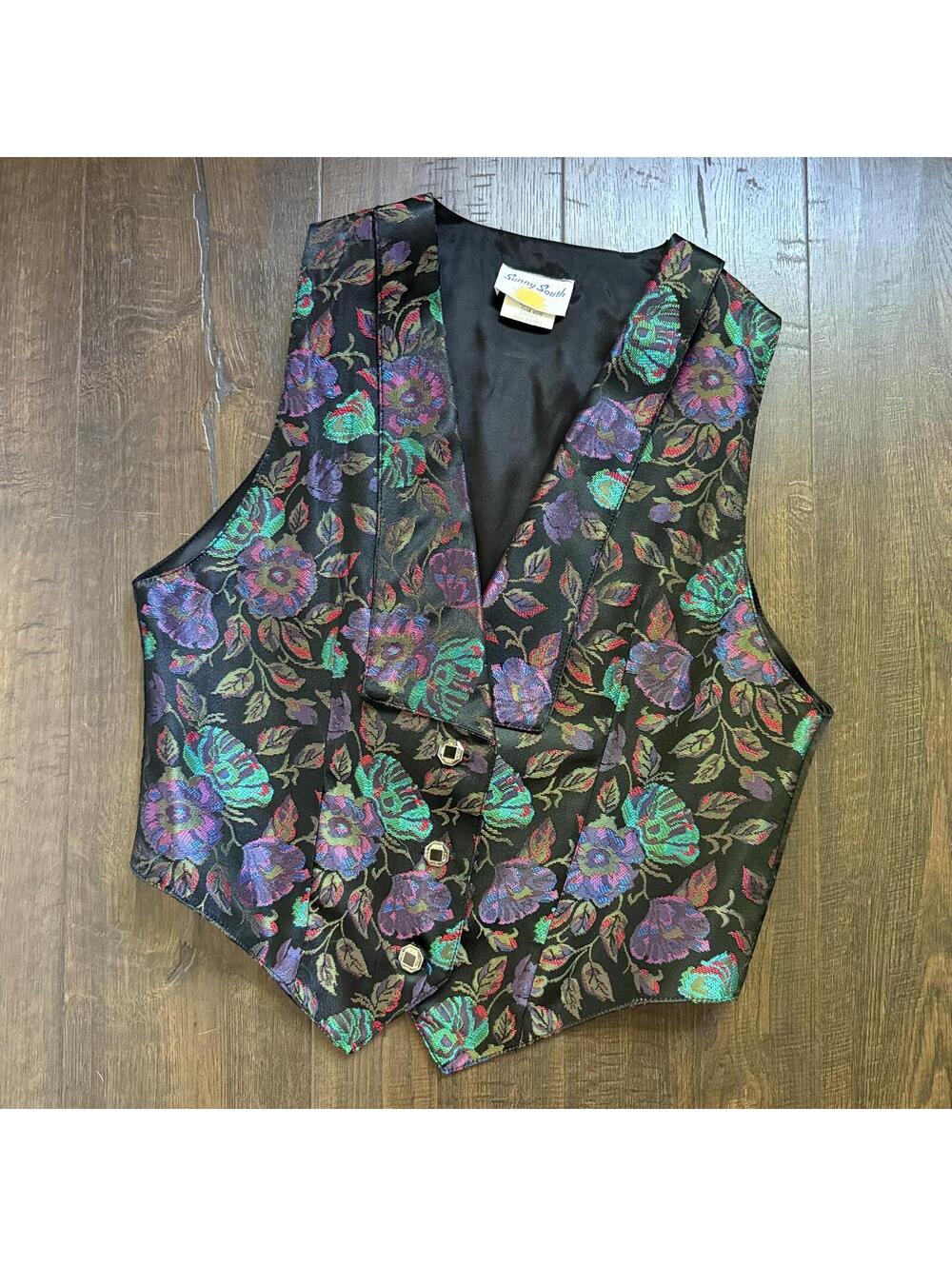 Vintage 90s Psychedelic Floral Vest Hippie Boho Miami Party Old Money Sz S USA